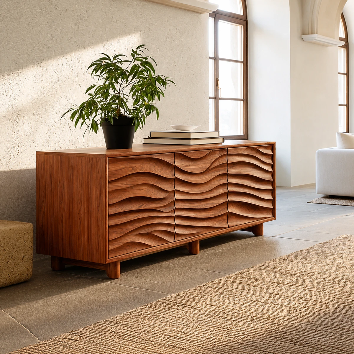 Organic wave sideboard cabinet with sculpted drawer fronts and modern interior styling