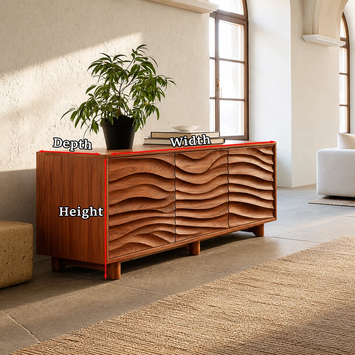 Wooden sideboard with labeled dimensions in a living room setting