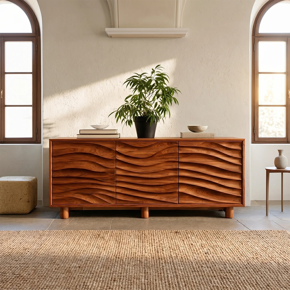Modern sideboard storage cabinet with artistic carved detailing and clean silhouette