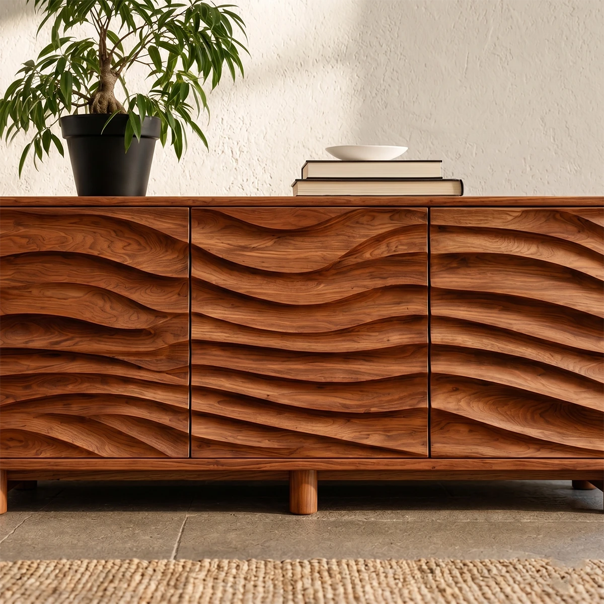 Sculptural buffet cabinet with flowing textured fronts for minimalist living room spaces