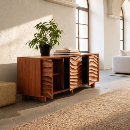 Decorative sideboard cabinet with dimensional wave carving and refined wood grain detail