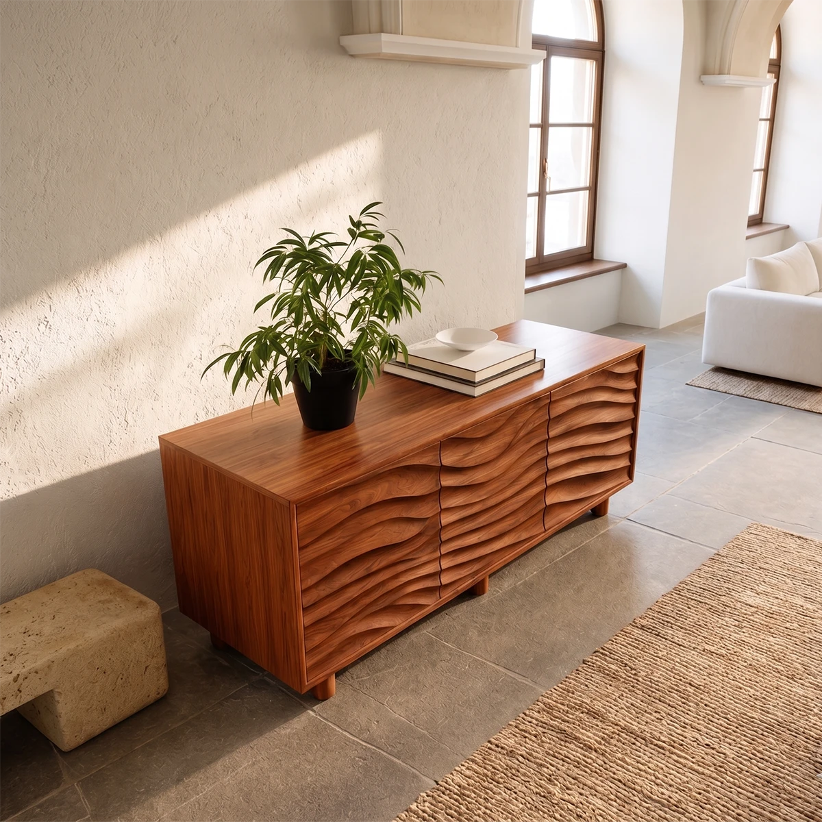 Modern storage sideboard with handcrafted sculpted surfaces and elegant room presence