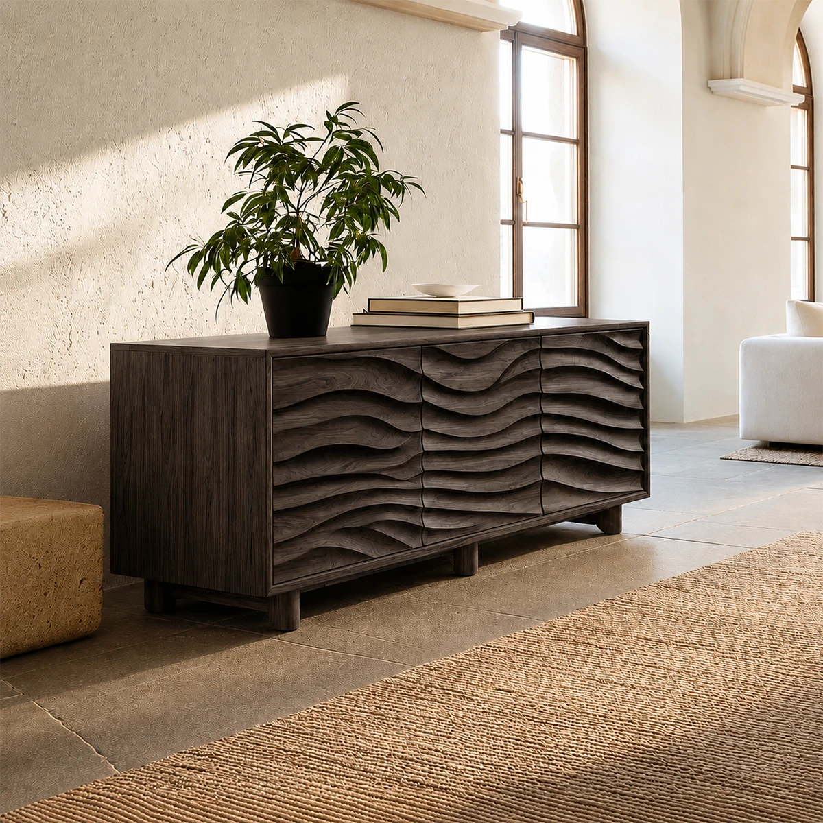 Artistic buffet cabinet with layered curved detailing for contemporary organic interiors
