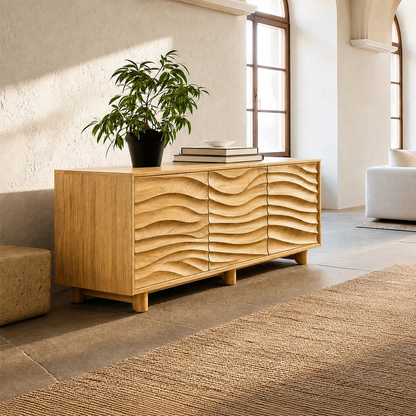 Statement sideboard cabinet featuring textured drawer fronts and minimalist architecture