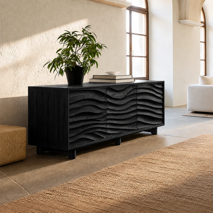 Contemporary sideboard storage cabinet with flowing carved design and warm modern appeal