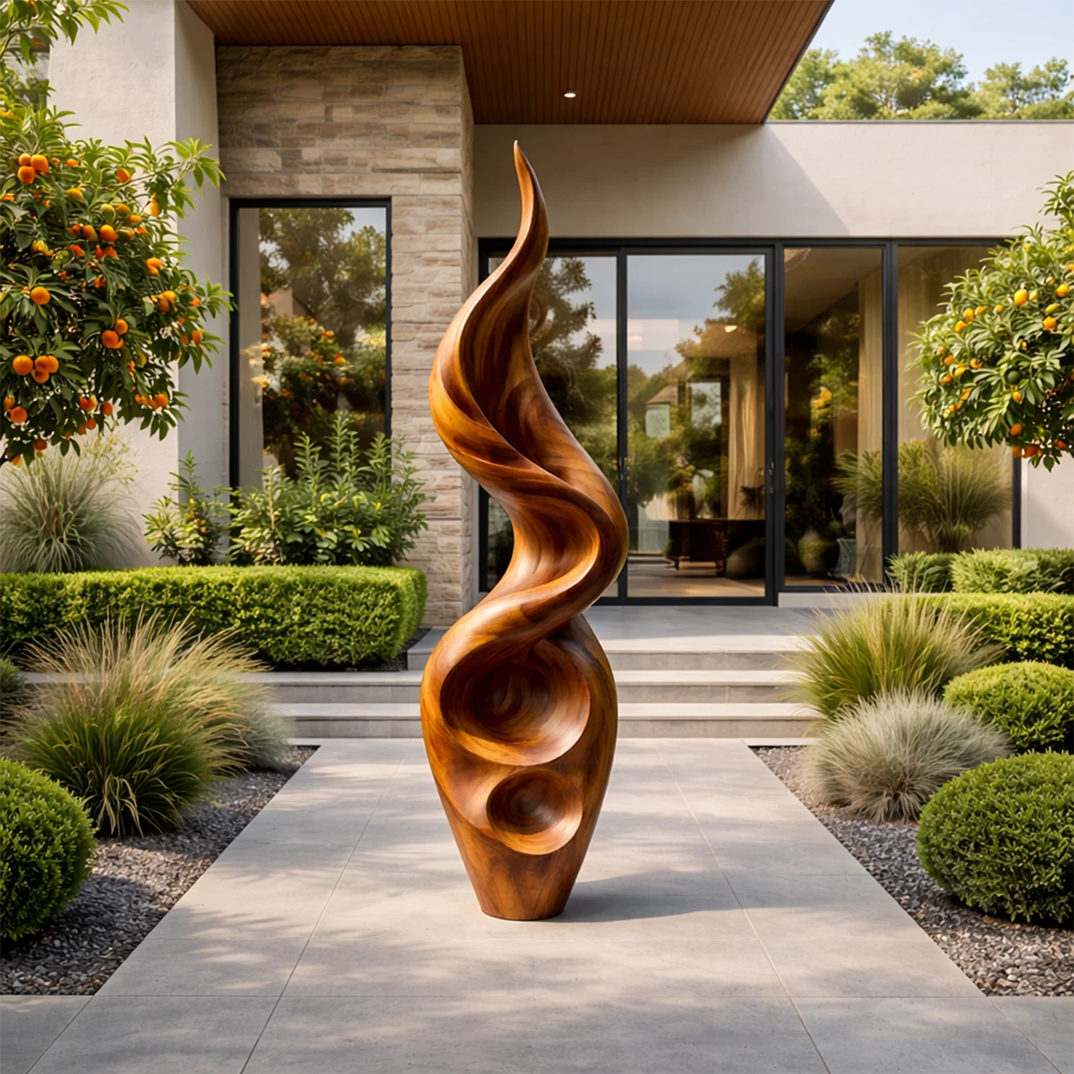 Elegant outdoor abstract sculpture placed along garden pathway featuring smooth brown tone finish
