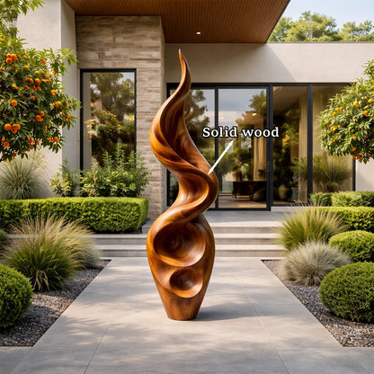 Creative outdoor abstract art piece showcasing vertical wave form and warm brown tone finish