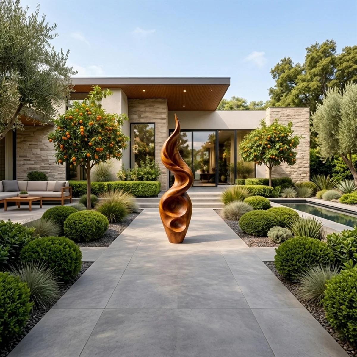 Modern garden sculpture showcasing tall twisting silhouette with refined brown tone finish detail