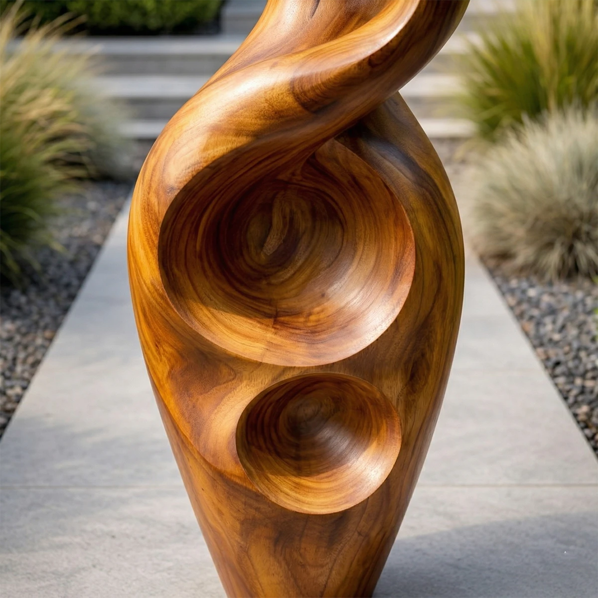 Artistic yard sculpture designed with flowing curves and warm brown tone finish appearance