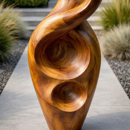 Artistic yard sculpture designed with flowing curves and warm brown tone finish appearance