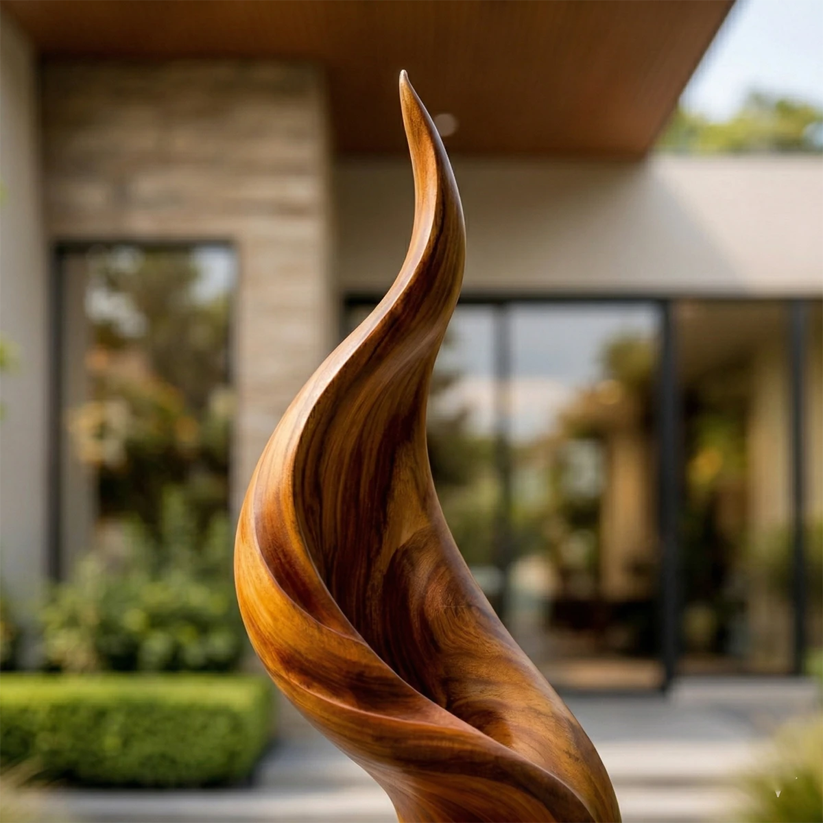 Contemporary landscape sculpture displayed near home entry with polished brown tone finish