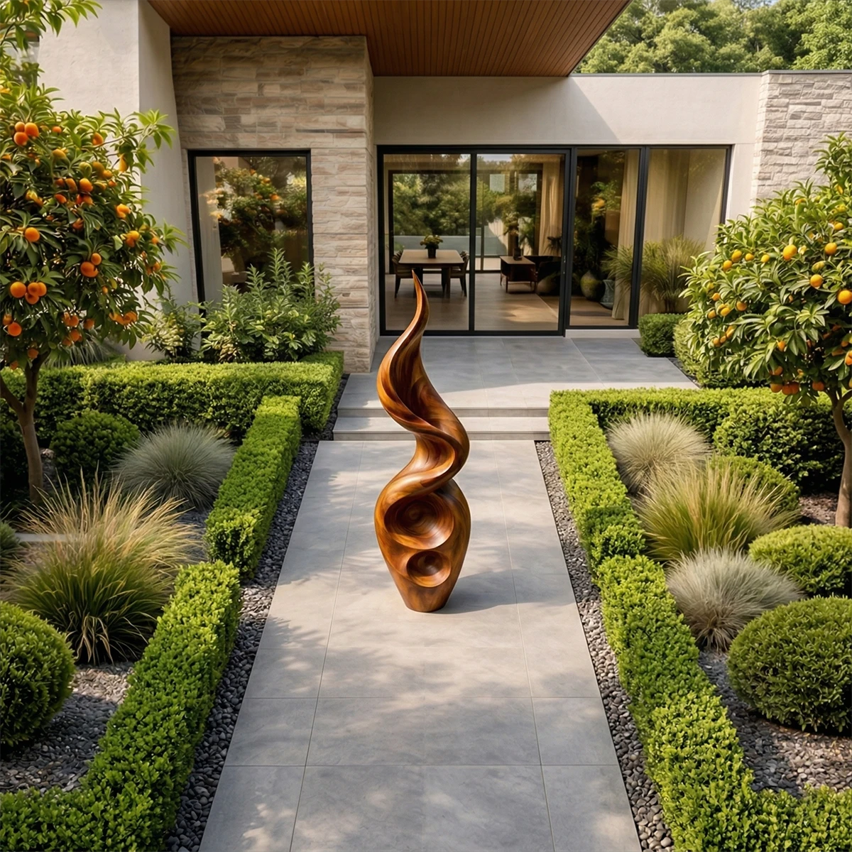 Decorative outdoor floor sculpture featuring organic form and smooth brown tone finish surface