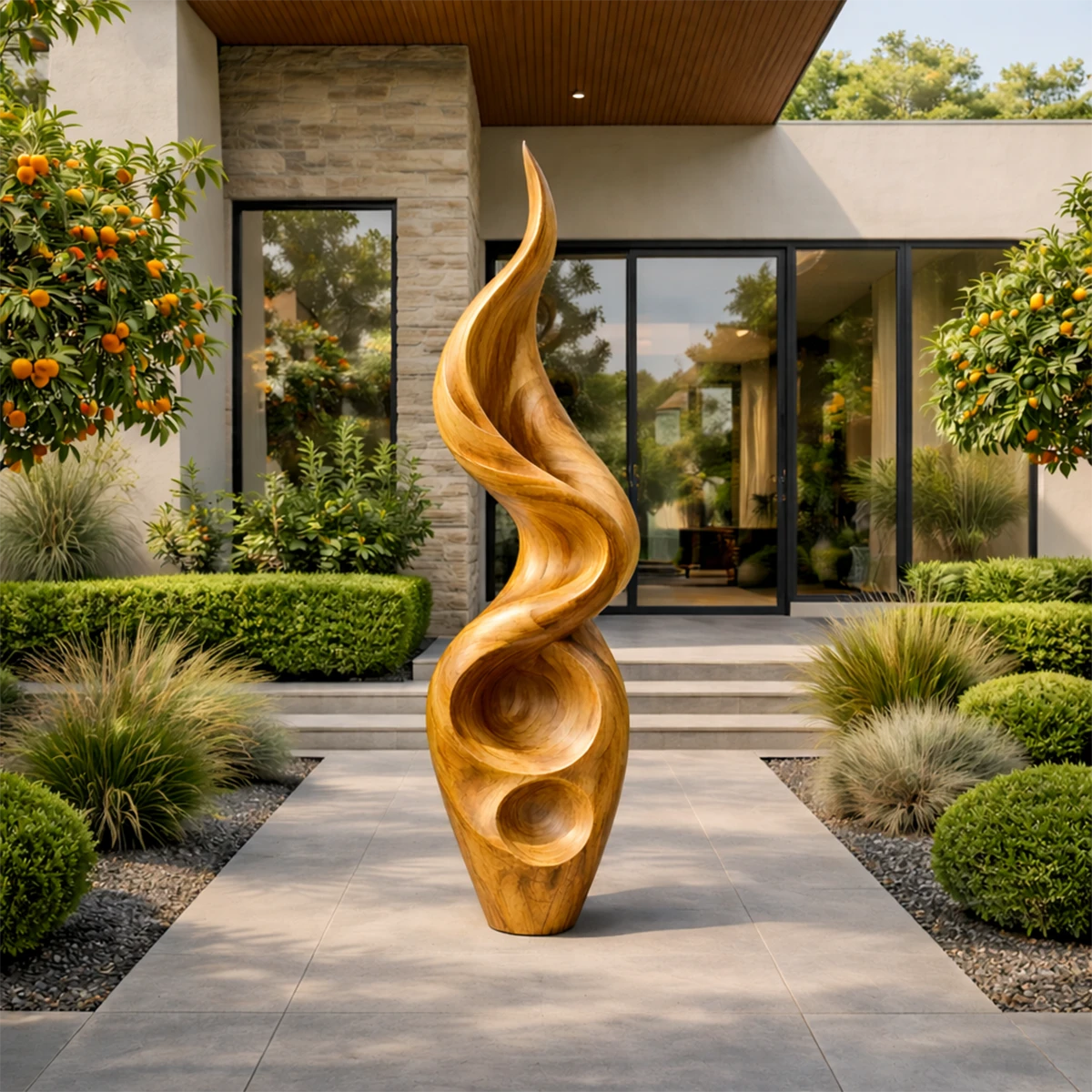 Tall sculptural accent placed in landscaped yard with elegant oak tone finish detail