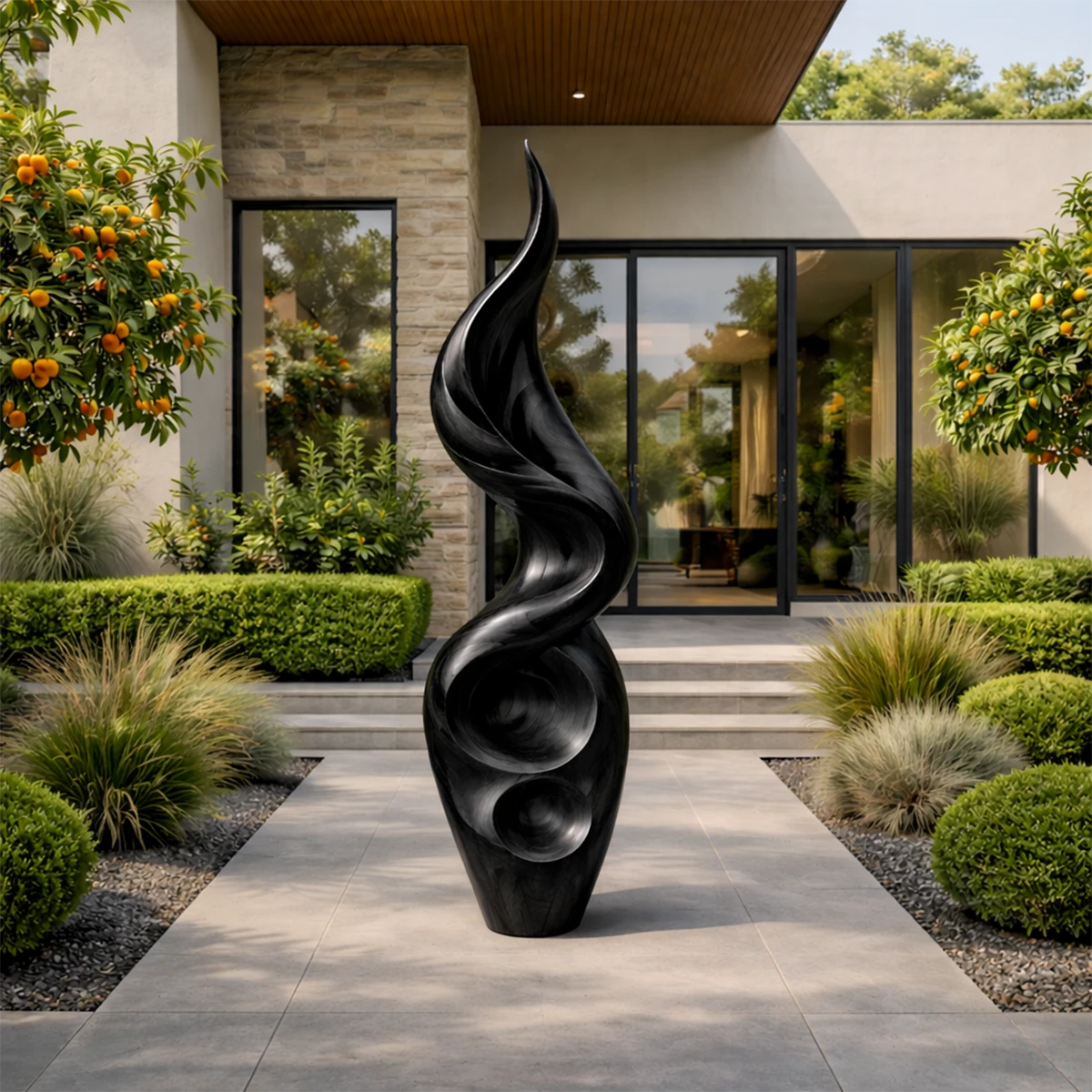 Modern exterior décor sculpture designed for walkway setting with smooth black tone finish