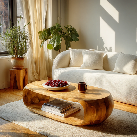 Oval coffee table with open storage shelf and smooth curved edges for modern living room use