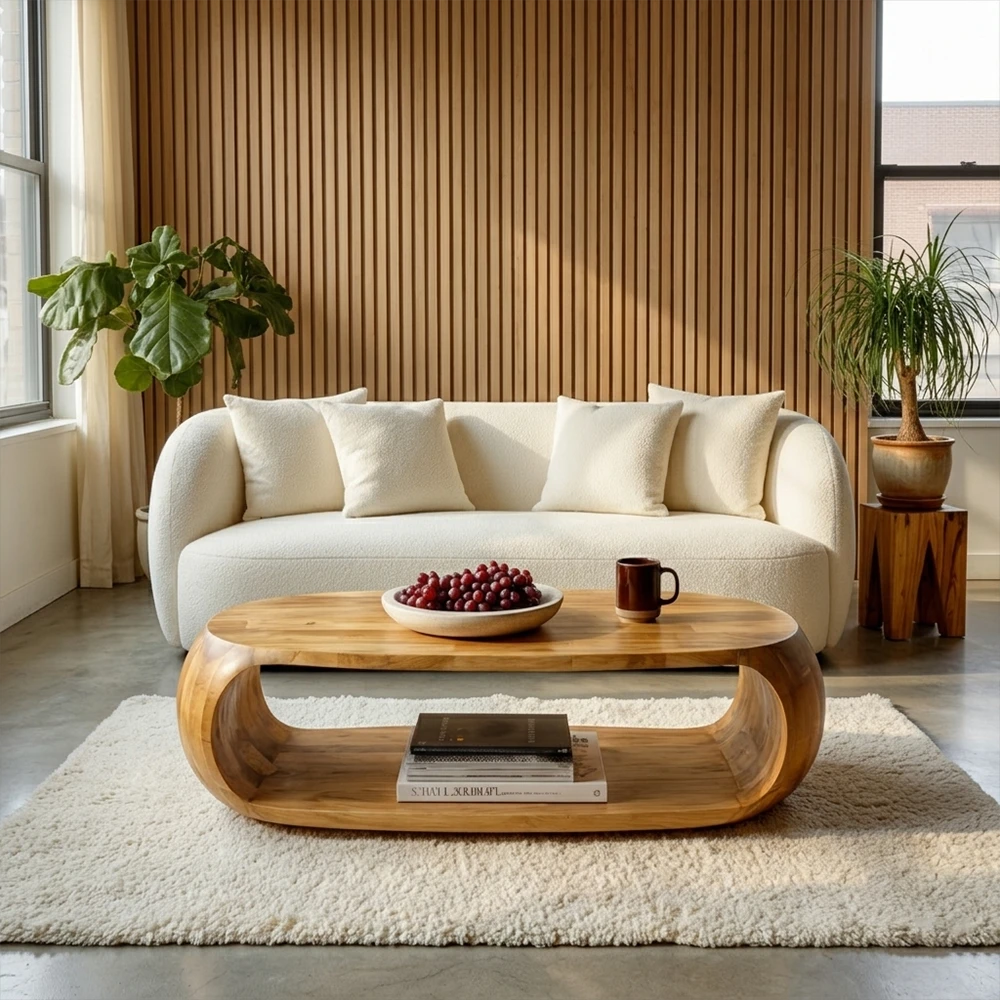 Modern living room with a white sofa, wooden coffee table, and decorative items.