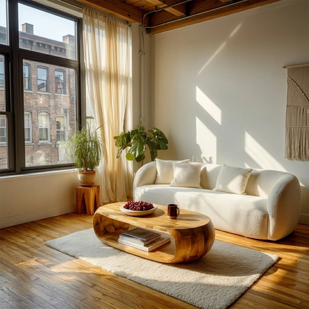 Modern coffee table featuring open compartment and rounded form for clean interior styling