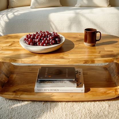 Low profile coffee table with oval shape and built-in shelf for organized living spaces