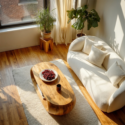 Contemporary coffee table with curved silhouette and open storage for everyday living