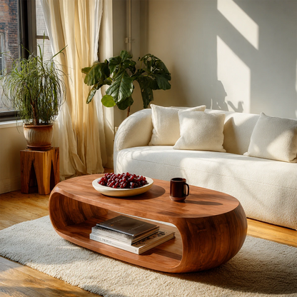 Living room coffee table with oval top and open shelf for minimalist home organization