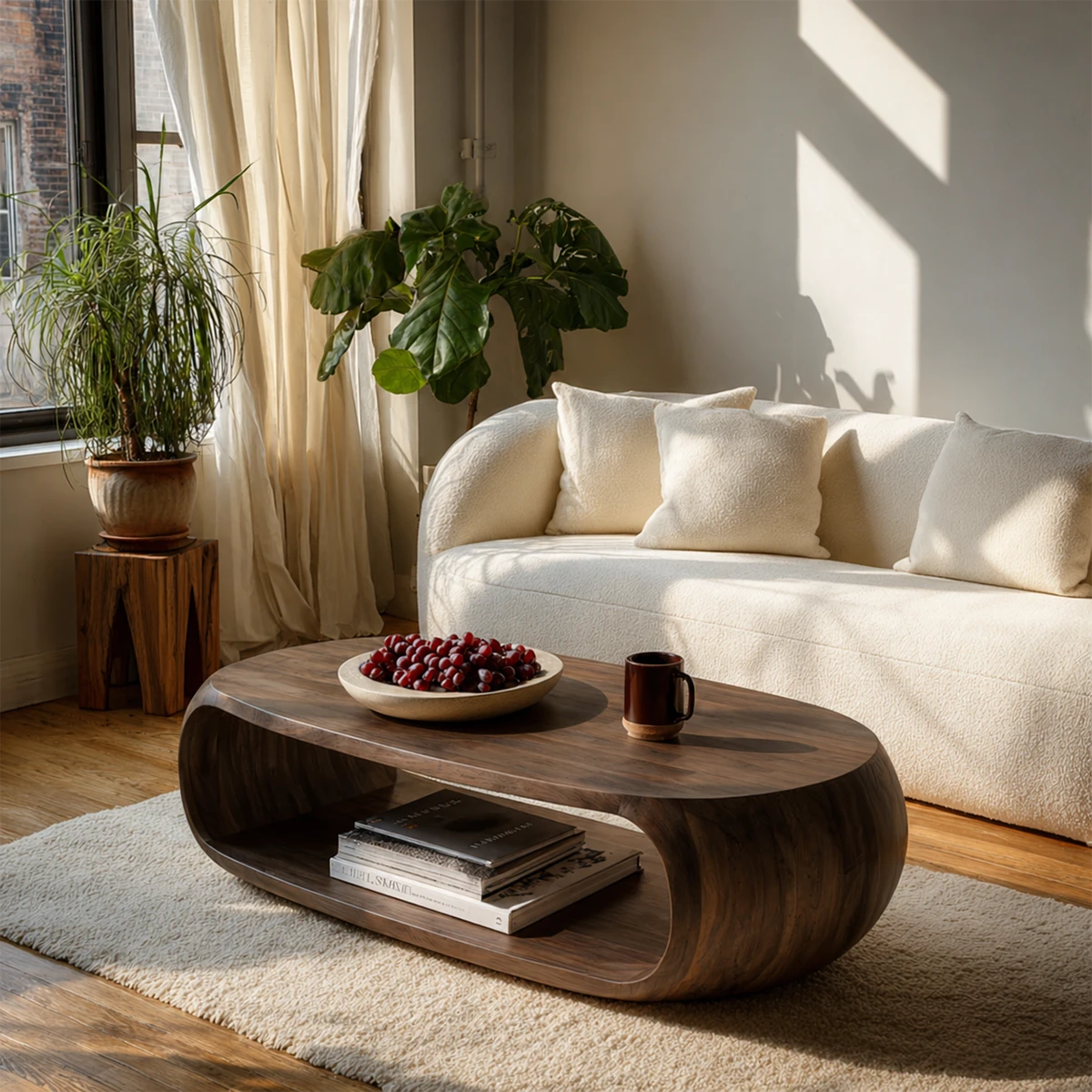 Sculptural coffee table with soft edges and integrated storage for modern interiors
