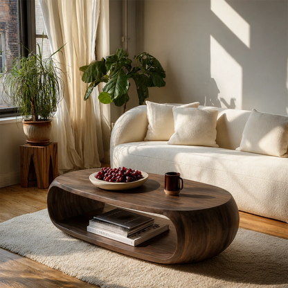 Sculptural coffee table with soft edges and integrated storage for modern interiors