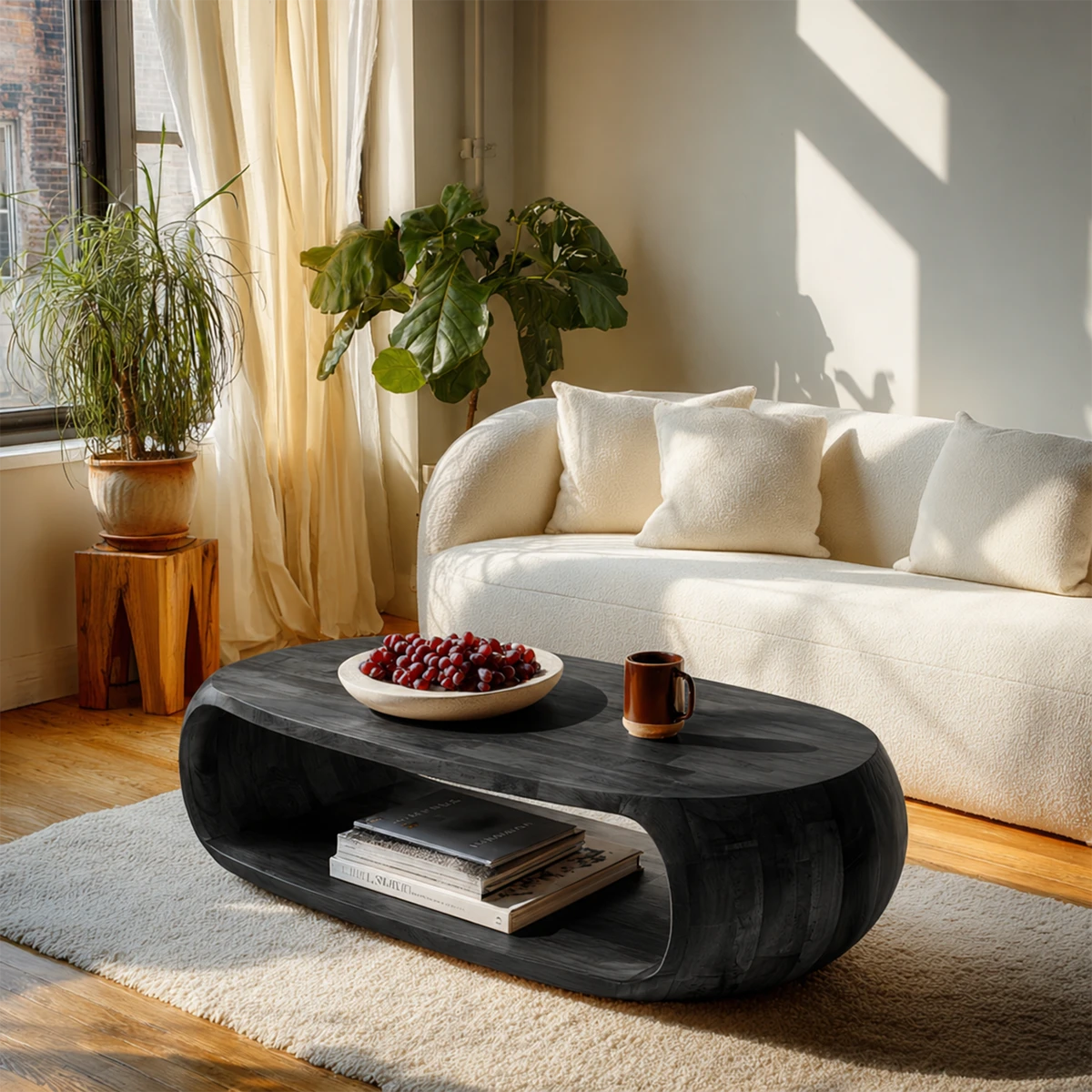 Minimalist coffee table with oval design and open compartment for clutter-free spaces