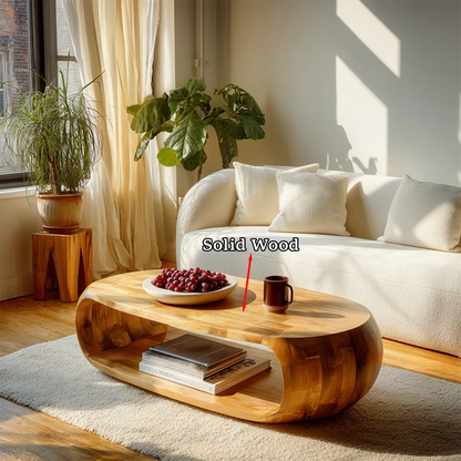 Stylish coffee table with rounded edges and storage shelf for contemporary living rooms