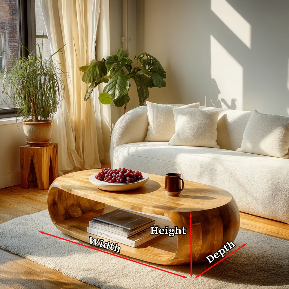 Compact coffee table with smooth oval form and open storage for modern home comfort