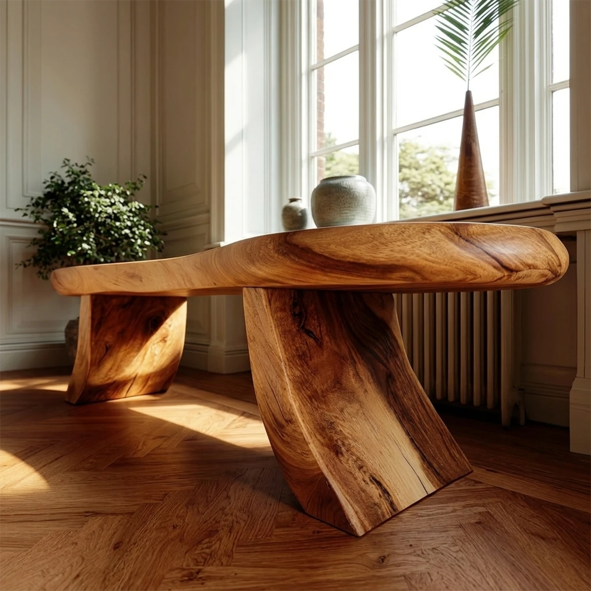 Elegant entryway seating bench designed with elongated oval profile and oak tone finish
