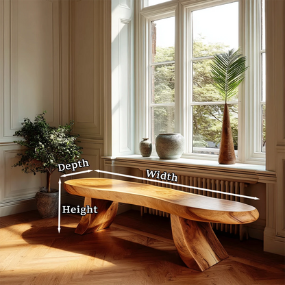 Low profile hallway bench designed with oval slab proportions and smooth oak tone finish