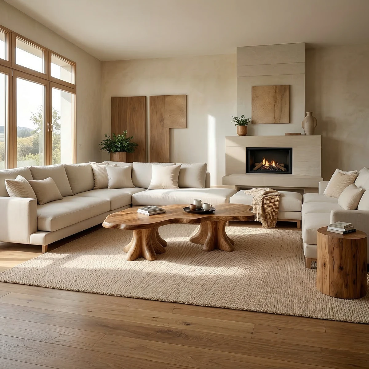Brown coffee table with flat top and block base