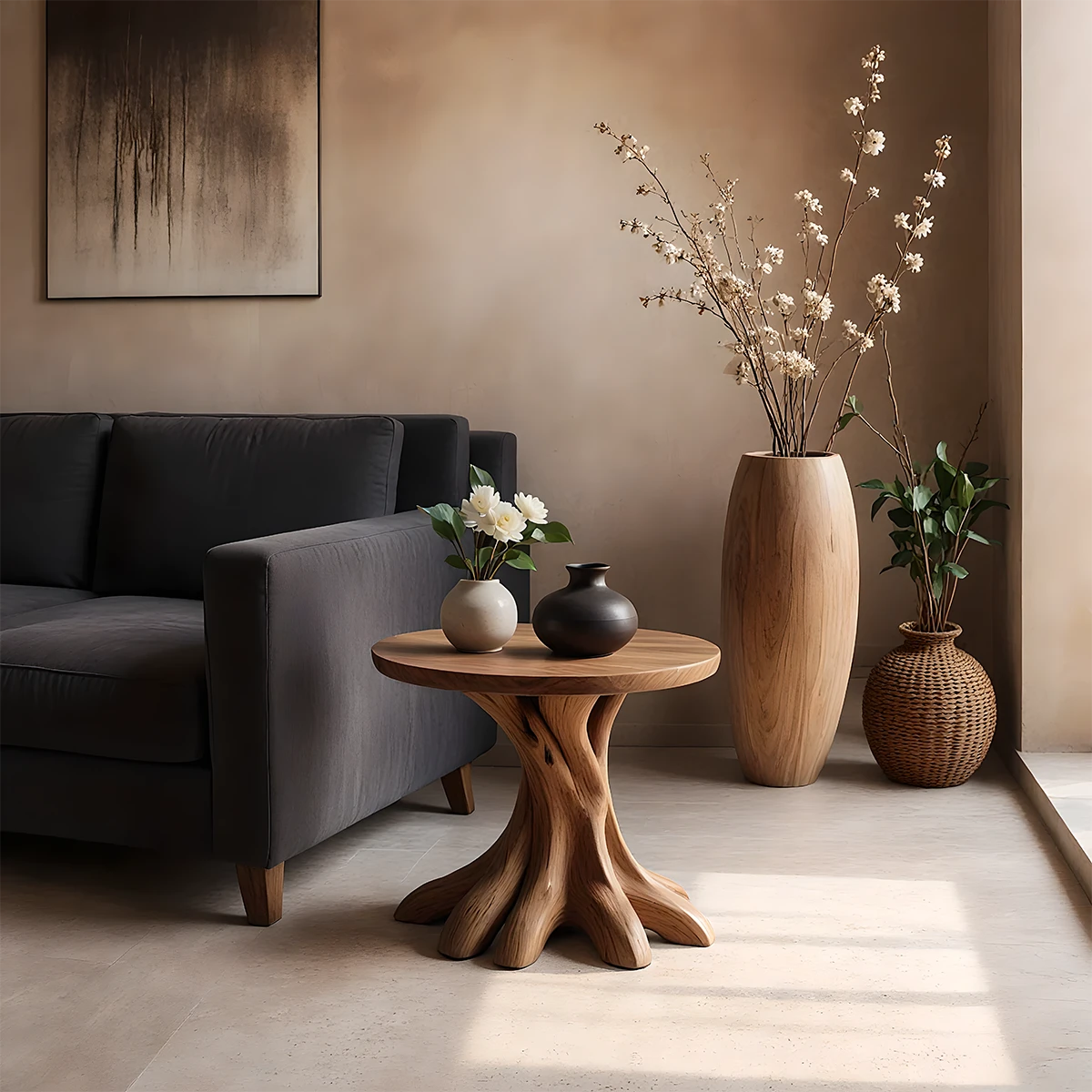 Walnut color end table with tree root base and round top for modern living room decor