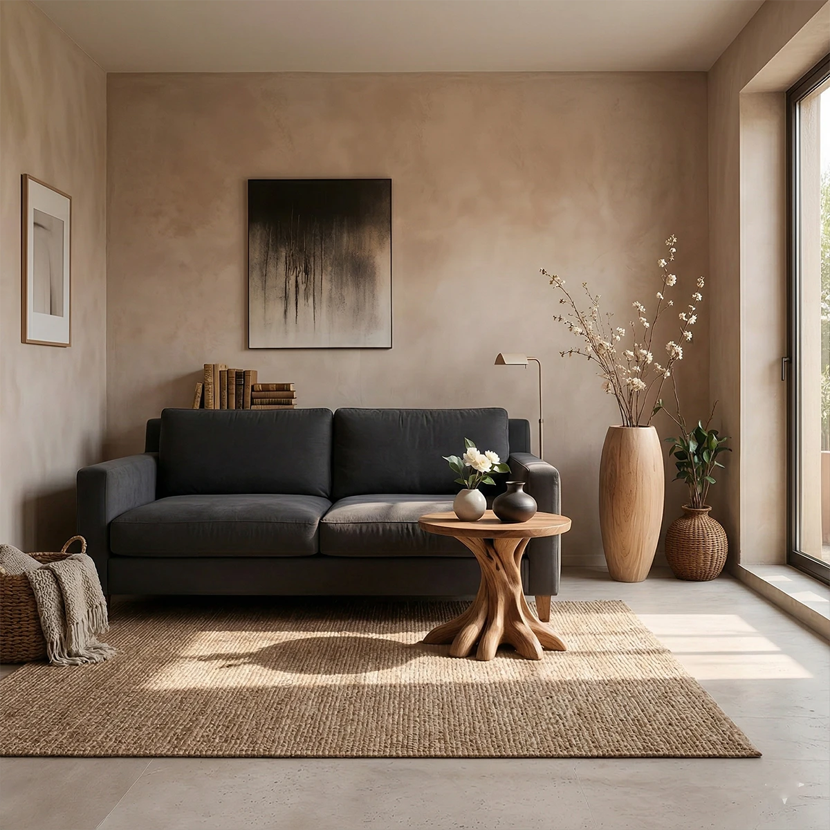 A round side table in walnut color featuring sculptural base and smooth compact design