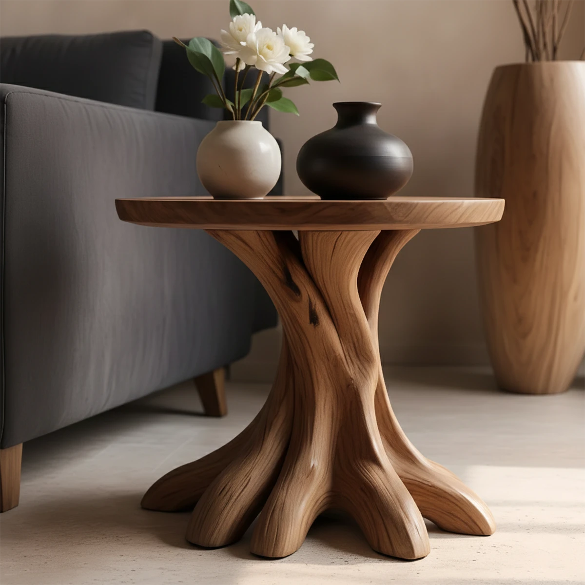 This walnut color accent table showcases an organic root style base and clean top surface