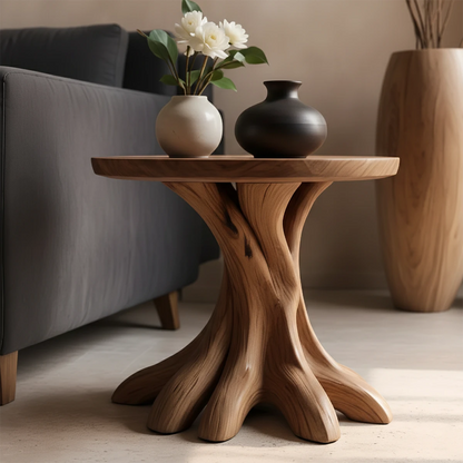 This walnut color accent table showcases an organic root style base and clean top surface