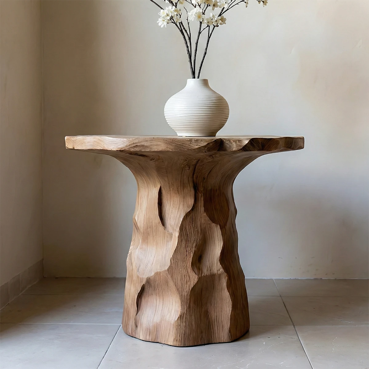 Walnut color end table with textured solid base and round top for modern living room decor