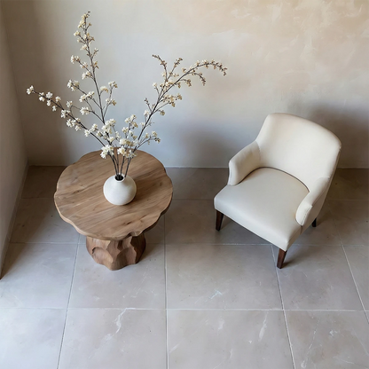 Featuring a walnut color side table with solid base and smooth top for decor display