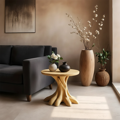 In a cozy interior, the oak color end table highlights a smooth surface and warm tone