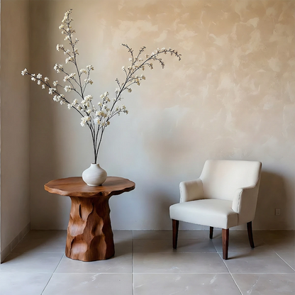 In a warm interior, the brown color end table highlights natural texture and modern style