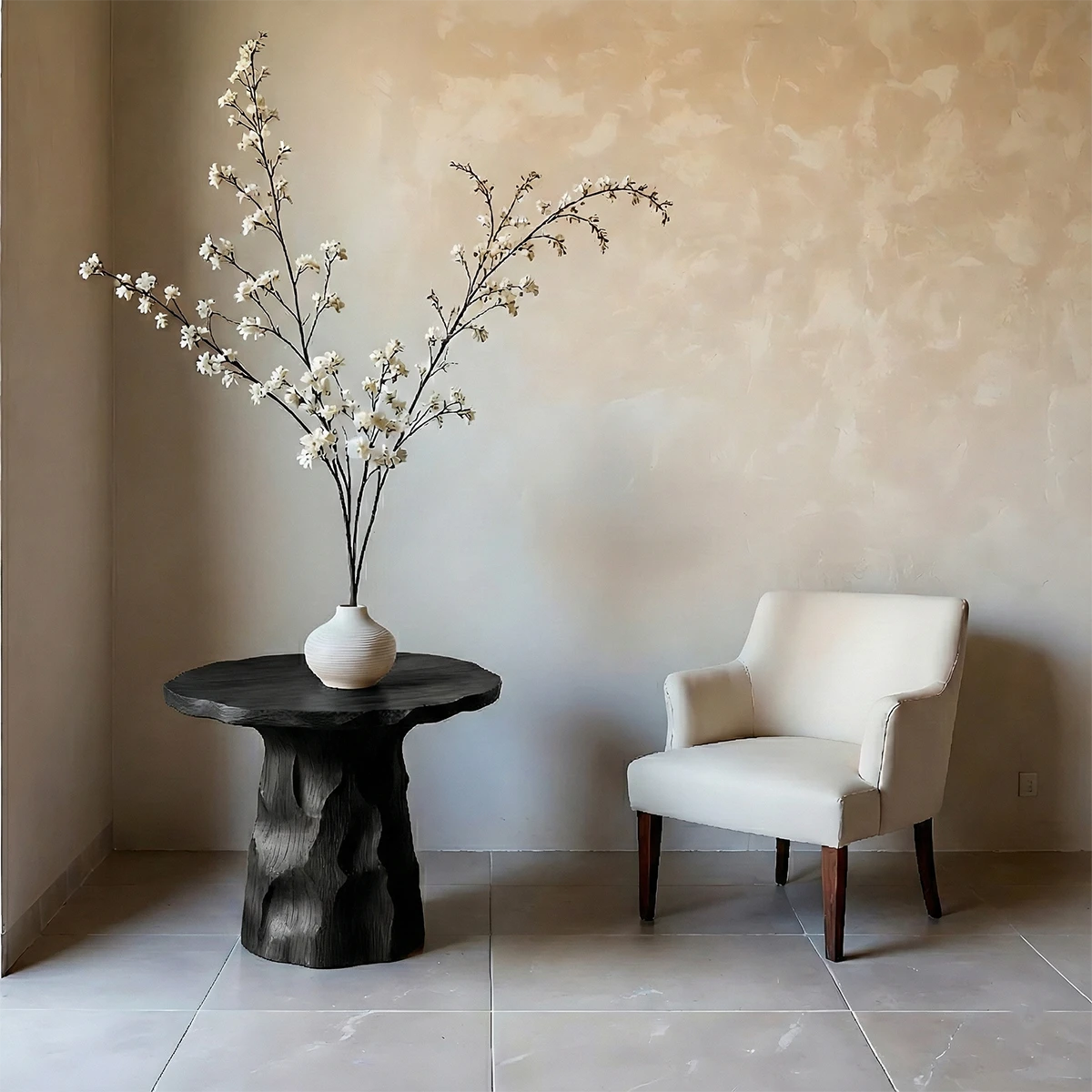 With its black color design, the accent table blends sculptural detail and organic shape