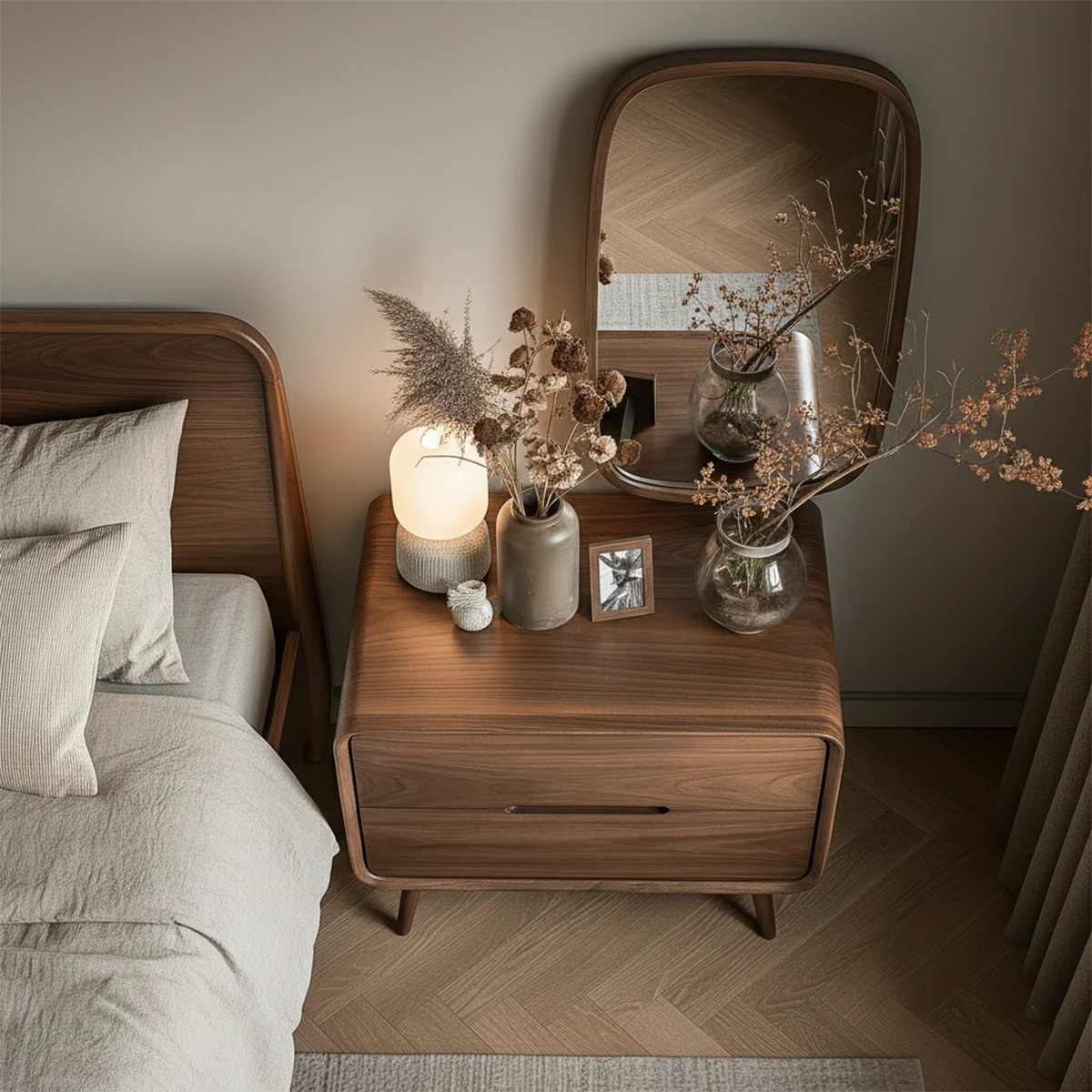 Stylish bedroom side table designed with curved modern profile and walnut tone finish