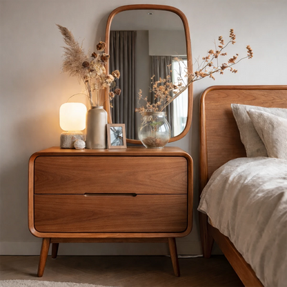 Compact bedside cabinet showcasing rounded frame detail and refined brown tone finish