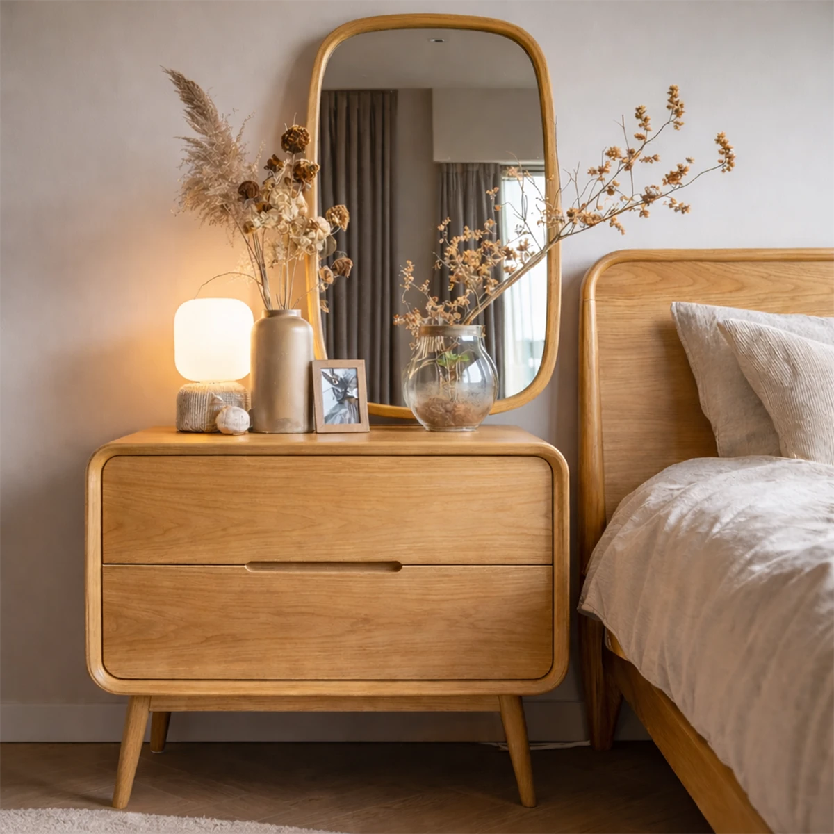 Functional bedside table featuring curved body styling and warm oak tone finish