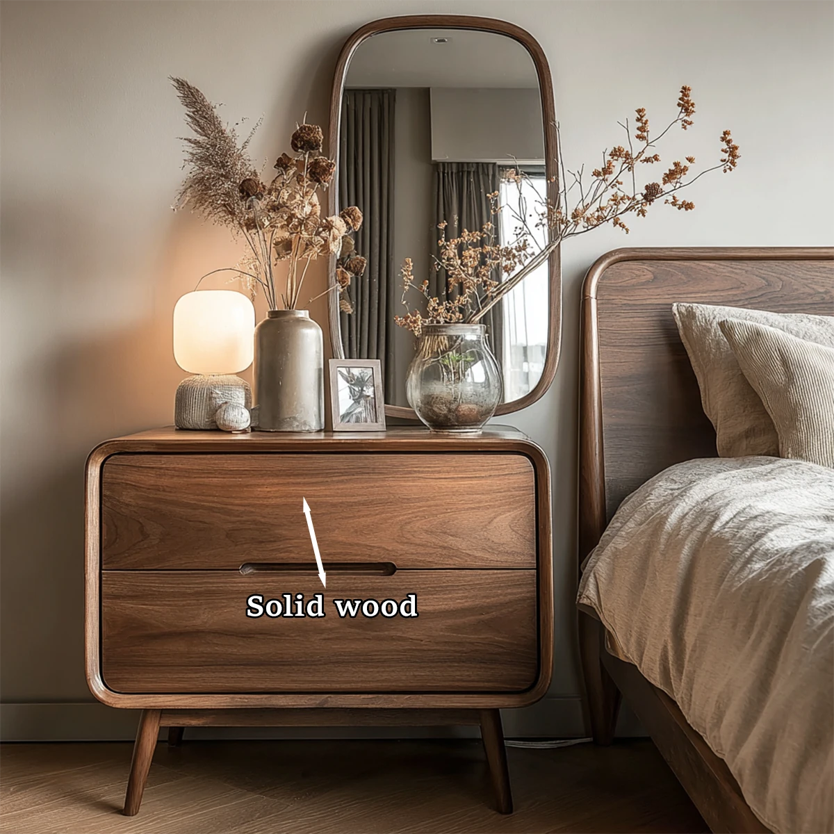 Space saving bedside unit showcasing rounded corner styling and walnut tone finish