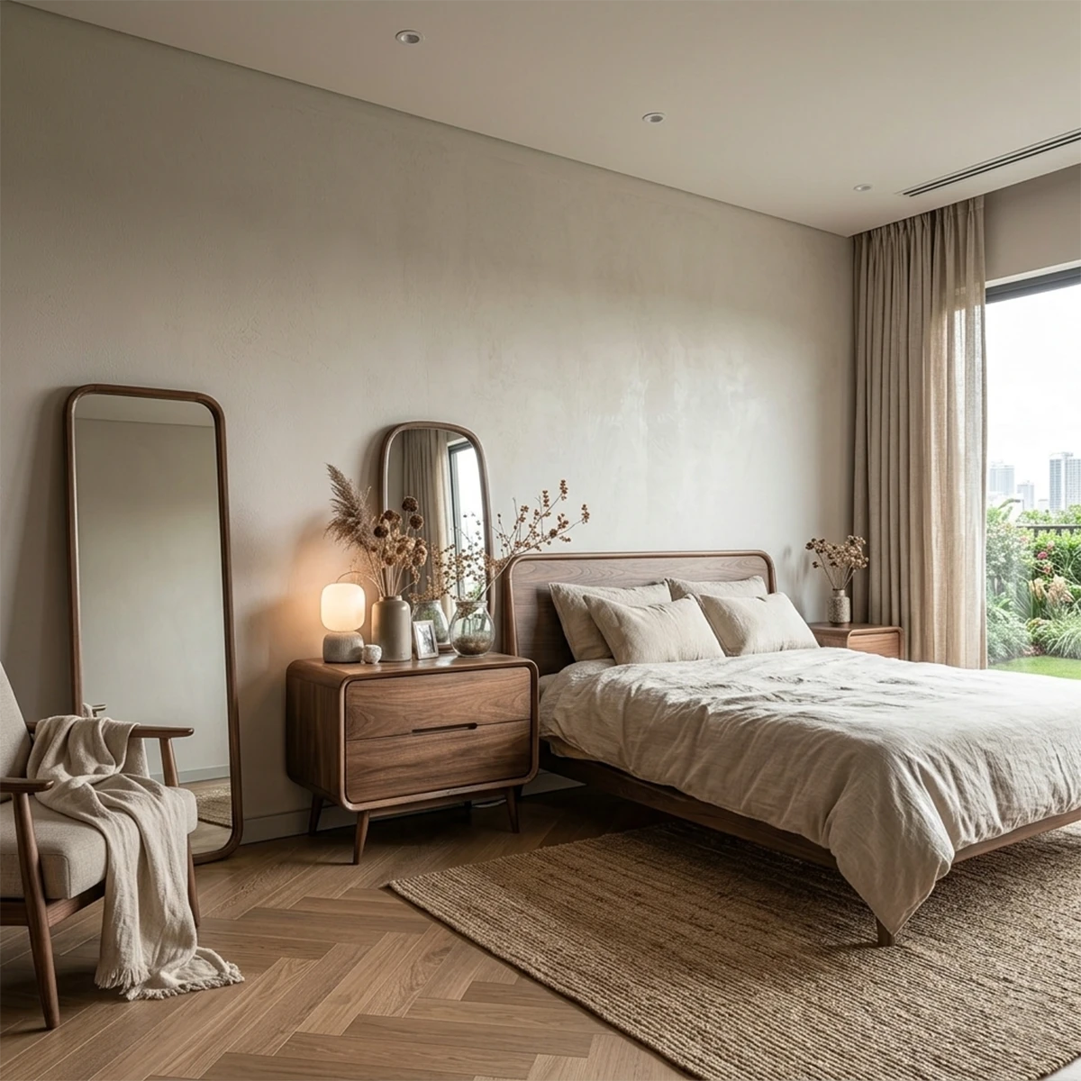 Modern bedside table showcasing soft rounded frame styling and refined walnut tone finish