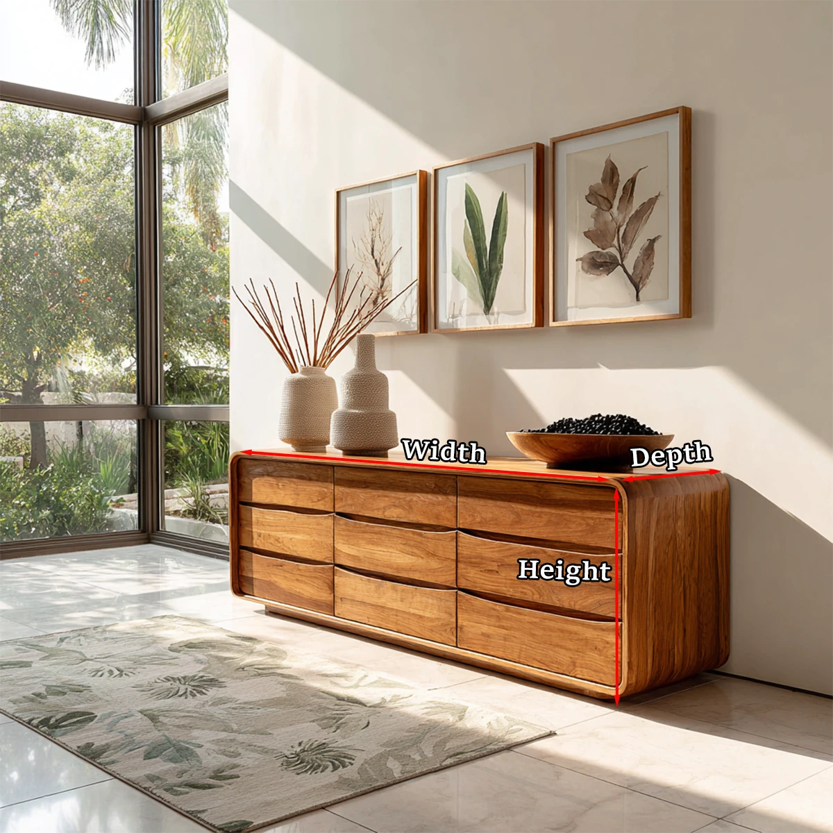 Minimalist storage console with rounded frame and elegant multi drawer organization