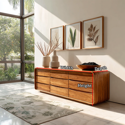 Minimalist storage console with rounded frame and elegant multi drawer organization
