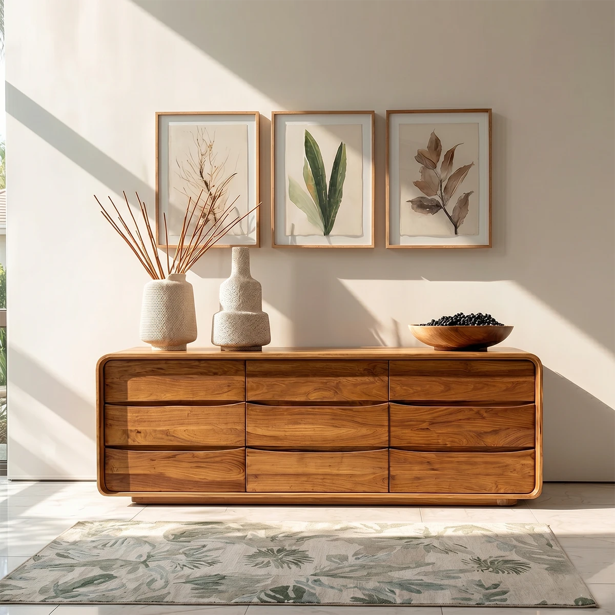 Minimalist buffet cabinet with rounded corners and seamless multi drawer organization