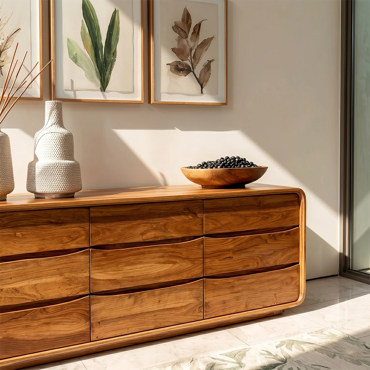 Sleek storage sideboard with soft curved frame and refined contemporary design details